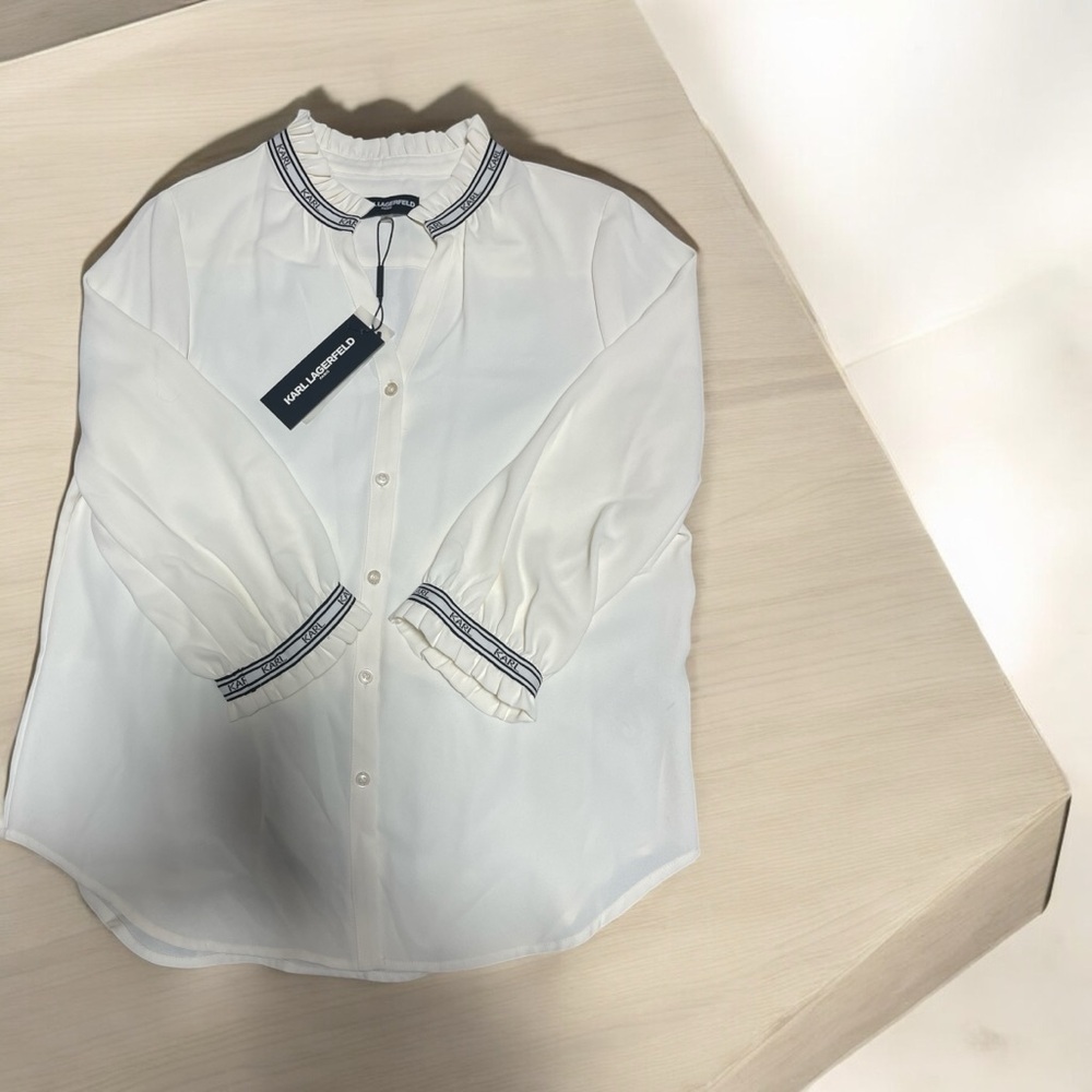 Karl Lagerfeld White Button-Up Blouse with Black Trim